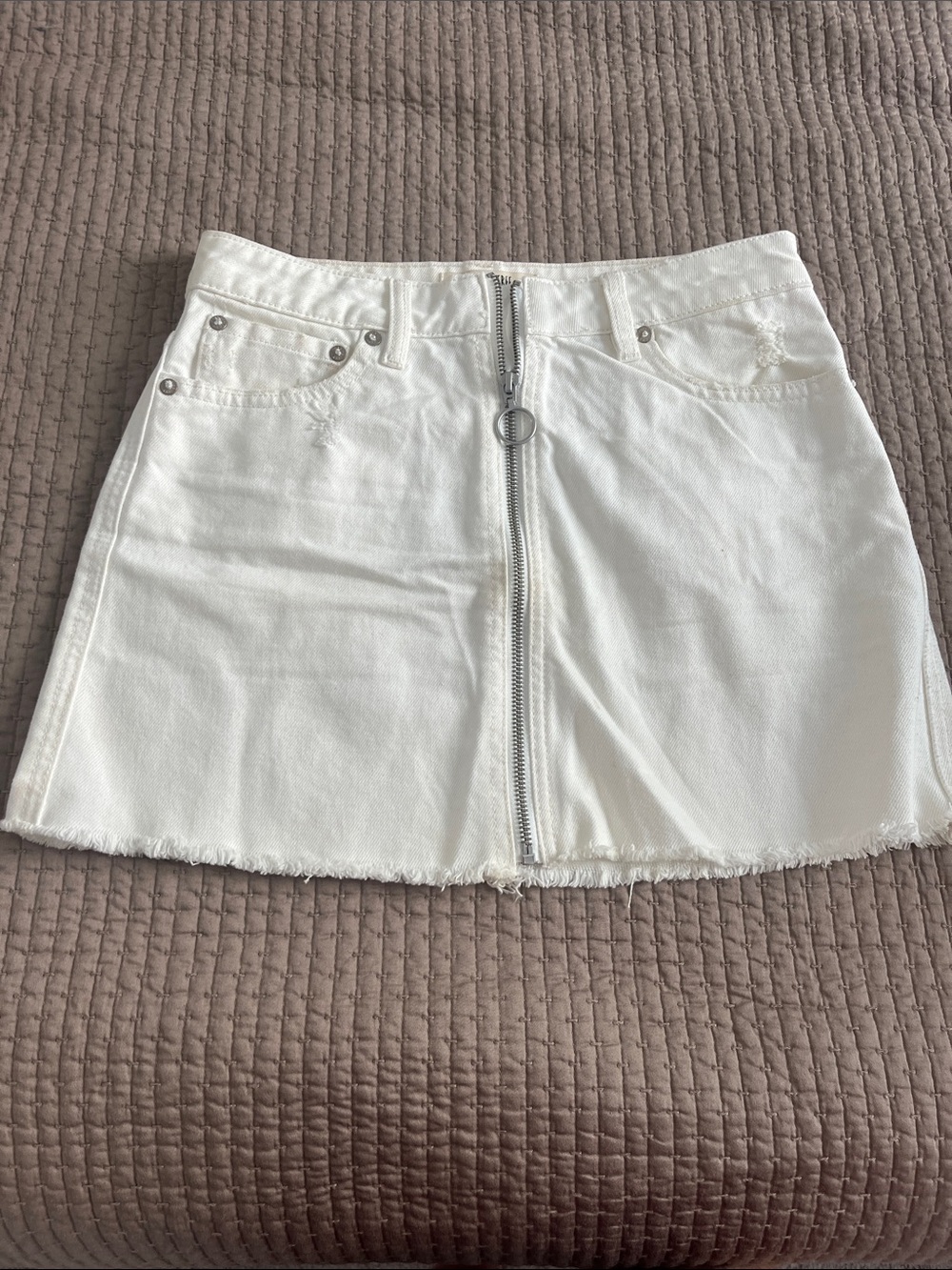 We The Free White Denim Mini Skirt with Front Ring-Zip